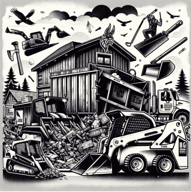 sons-of-odin-dumpster-rental-and-skid-steer Viking-themed Bobcat operators removing junk for Sons of Odin