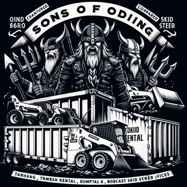 sons-of-odin-junk-hauling-bobcat-rental-crew Sons of Odin Bobcat tractor showcasing Viking strength