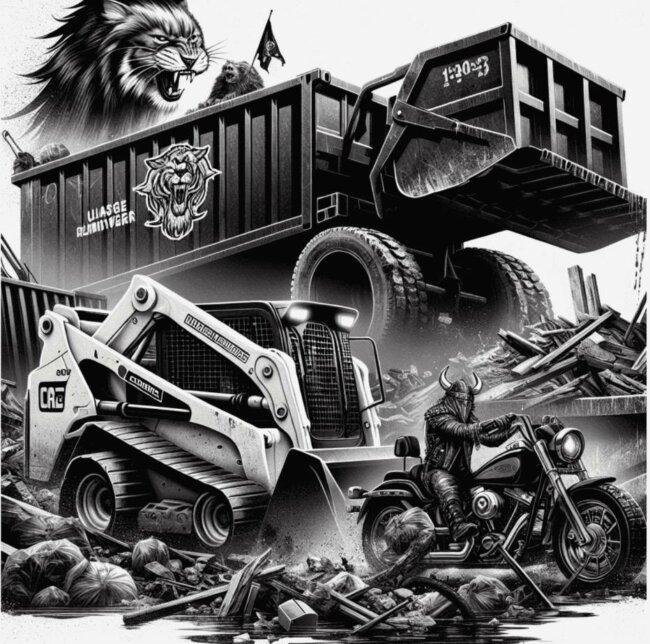 viking-loaders-dumpster-rental-sons-of-odin Sons of Odin warriors with a dumpster and skid steer ready for action