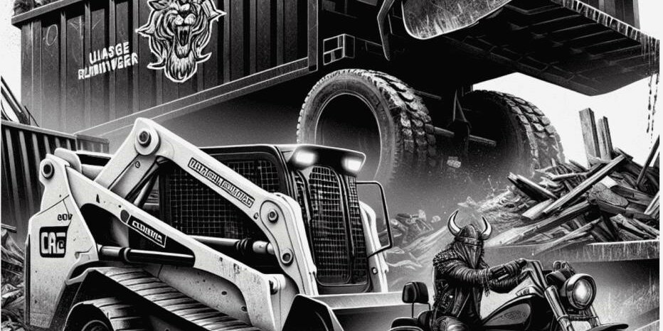 viking-loaders-dumpster-rental-sons-of-odin Sons of Odin warriors with a dumpster and skid steer ready for action