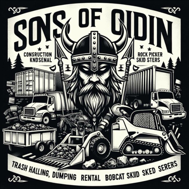 viking-warrior-bobcat-rental-sons-of-odin Viking holding an axe next to a Bobcat rental from Sons of Odin