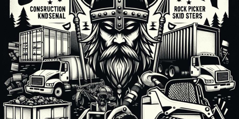 viking-warrior-bobcat-rental-sons-of-odin Viking holding an axe next to a Bobcat rental from Sons of Odin